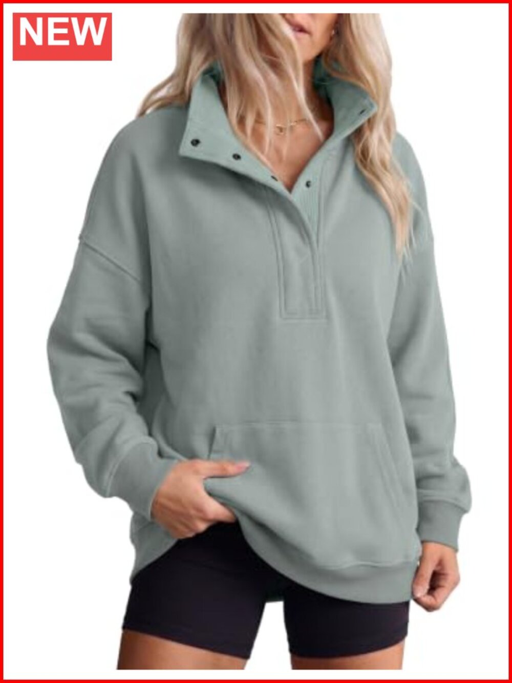 Oversized Snap Button Henley Sweatshirt with Pockets Quilted Fleece